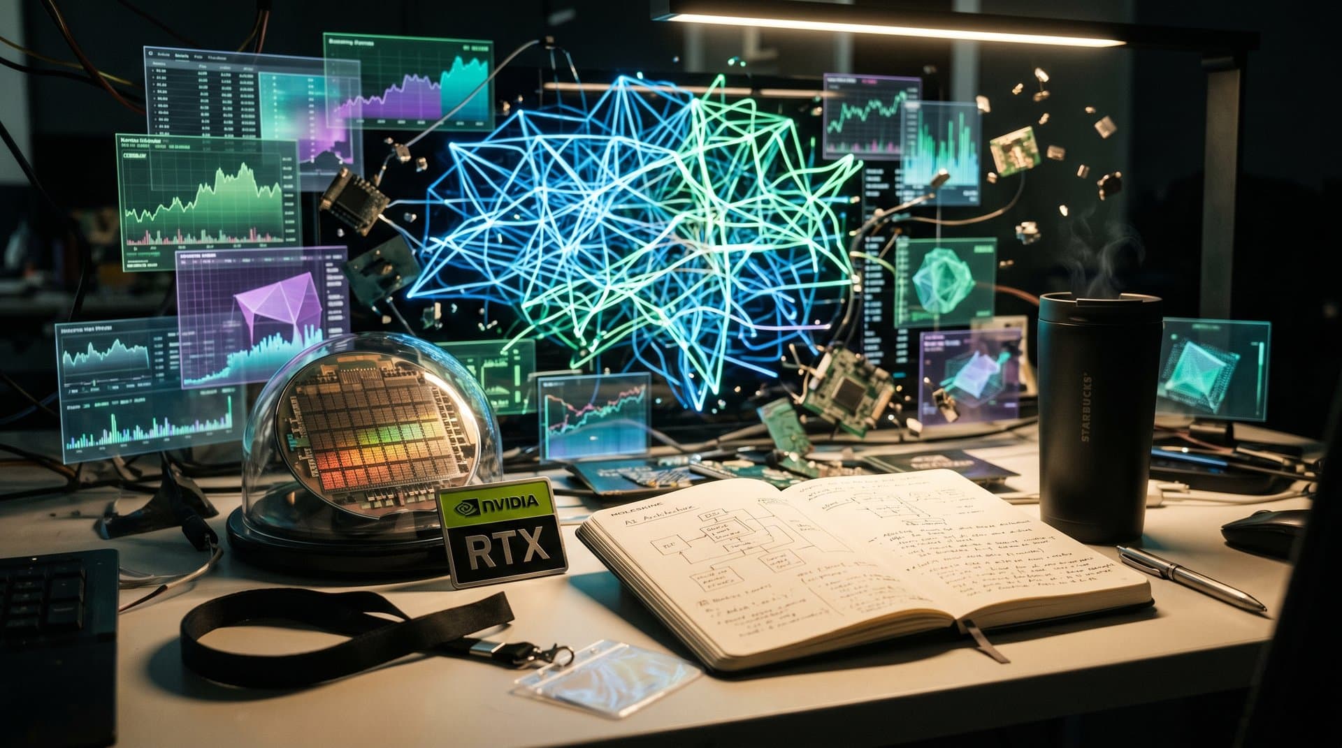 Rede neural de IA em expansão com chip central e gráficos de crescimento, estilo futurista cyberpunk