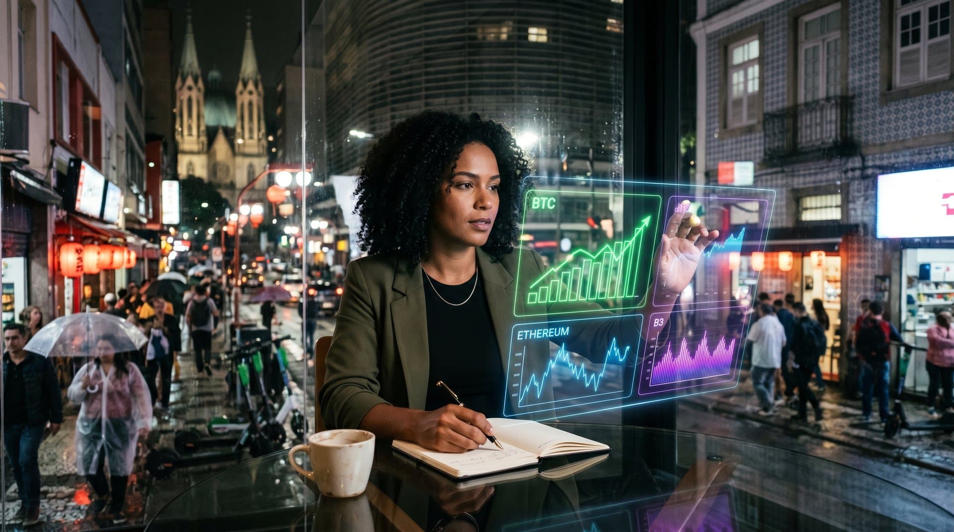Dashboard futurista de IA e crypto com silhueta feminina empoderada e skyline de São Paulo neon