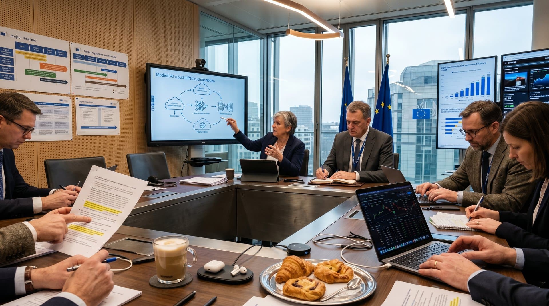 Sala high-tech da Comissão Europeia em Bruxelas com dashboards DMA, diagramas AI cloud e skyline ao fundo