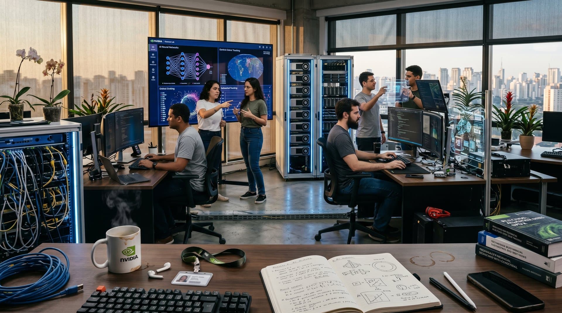 Laboratório Nvidia com GPUs Blackwell e dashboards IA em ambiente high-tech colaborativo e inovador