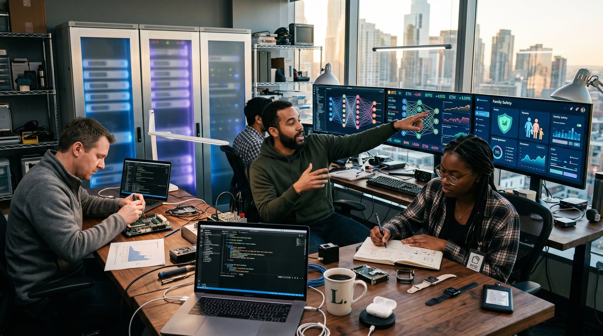 Laboratório de IA high-tech com telas de redes neurais, gráficos crypto e elementos de segurança familiar em ambiente moderno e iluminado