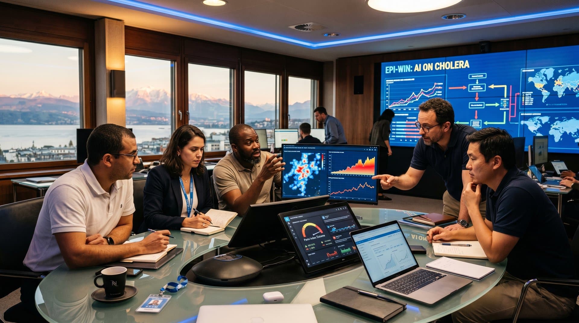 Dashboard de IA no webinar EPI-WIN da OMS mostrando análise de sentimento para prevenção de cólera