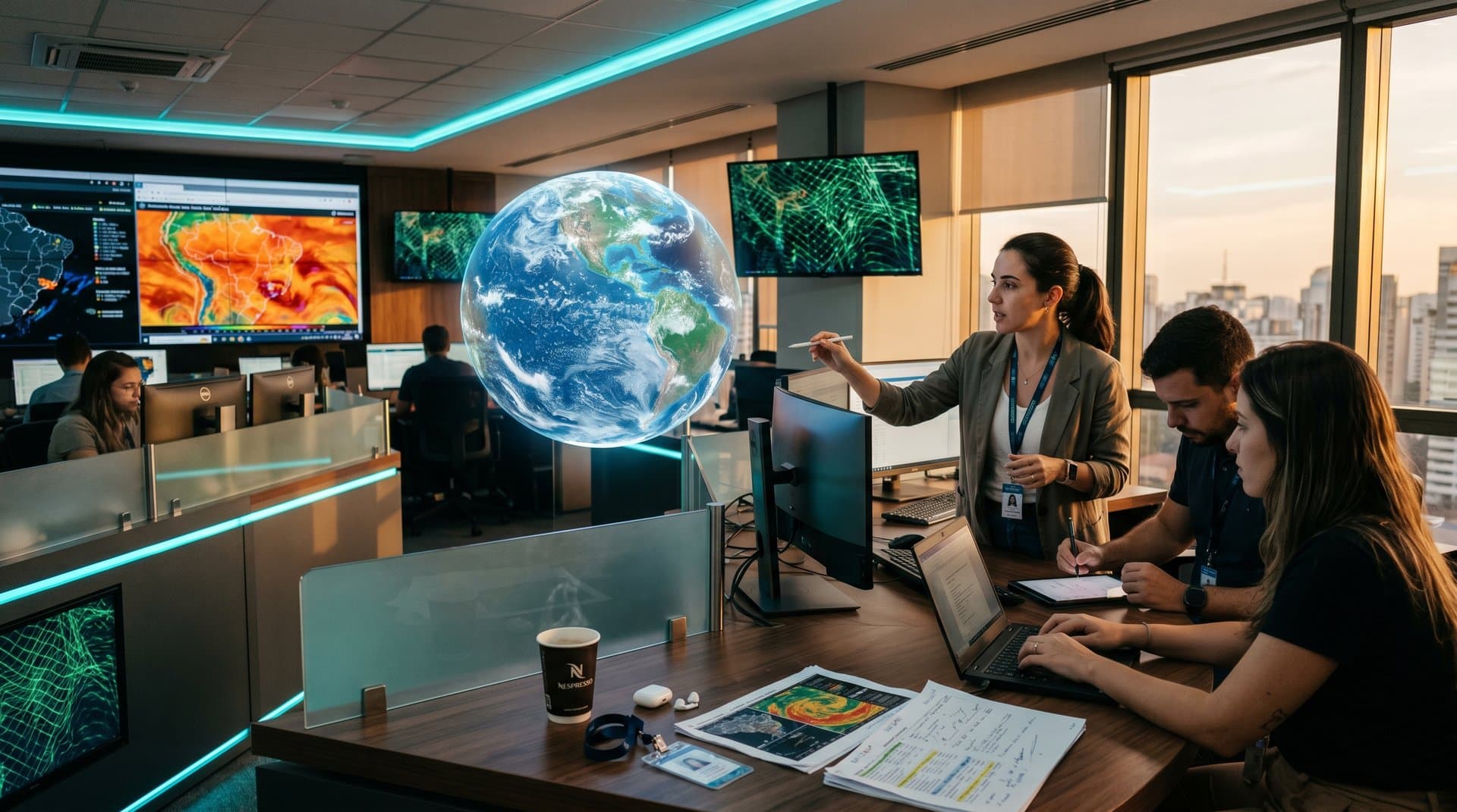 Globo 3D com previsões climáticas IA GraphCast sobre o Brasil, grafos neurais e padrões meteorológicos vibrantes