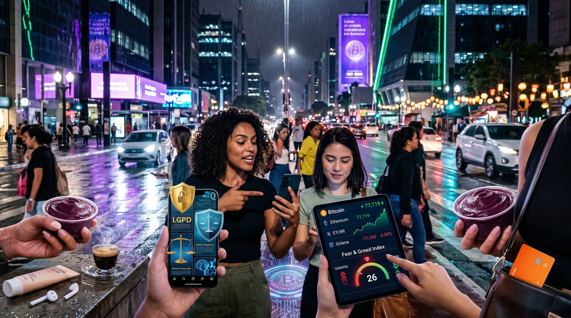 Smartphones com apps IA ética, gráficos crypto Fear & Greed 26 e elementos brasileiros em cena urbana de São Paulo