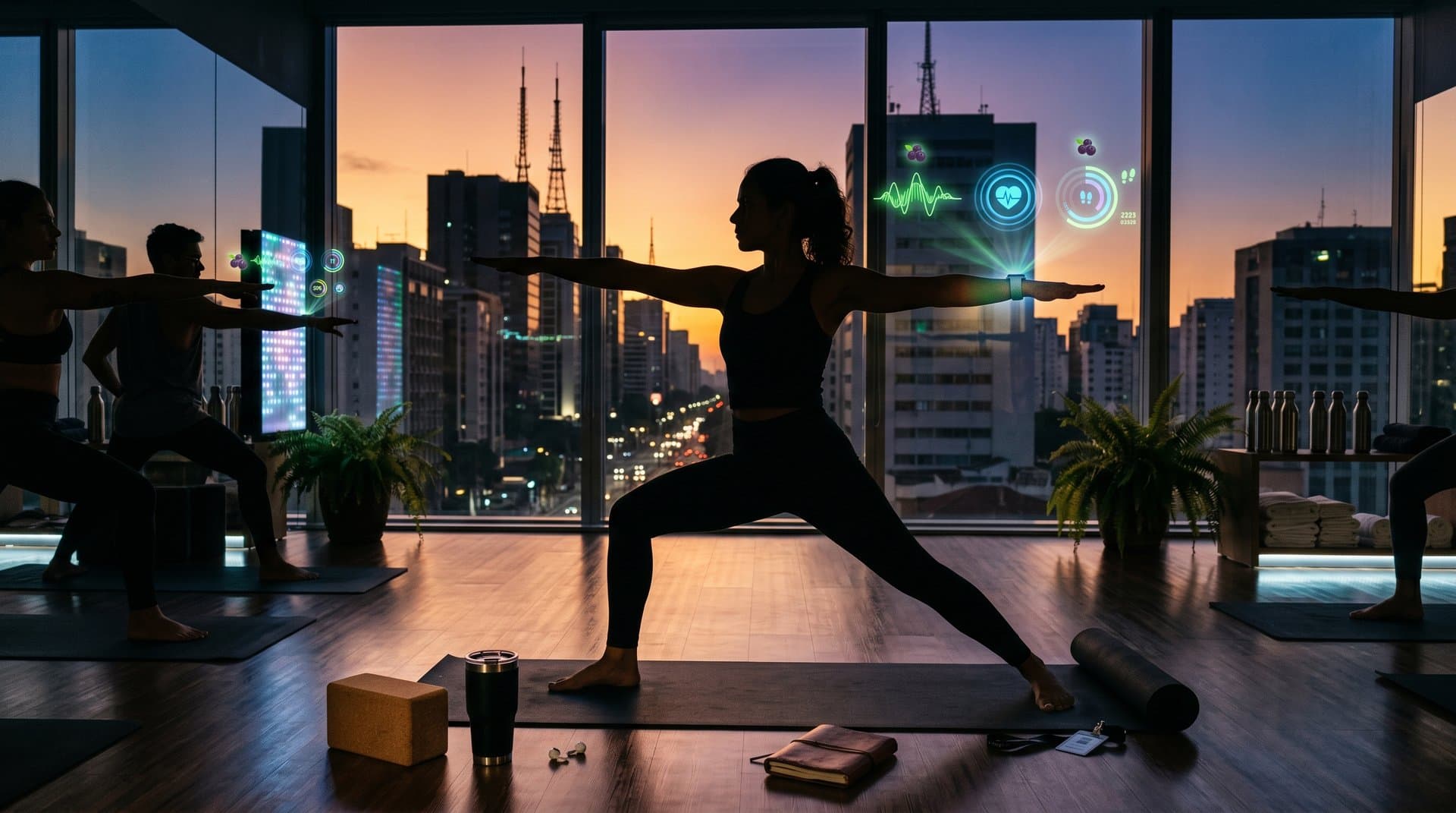Mulher usando smartwatch com IA de wellness tech em estúdio yoga brasileiro, ícones de apps e caricaturas sutis