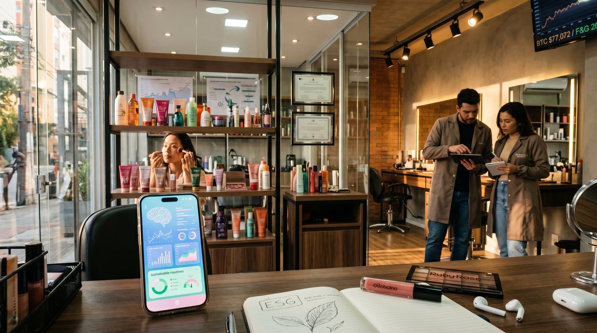 Mulher aplicando maquiagem com app IA ética, produtos sustentáveis Natura e gráficos de IA humanizada em tons pastel