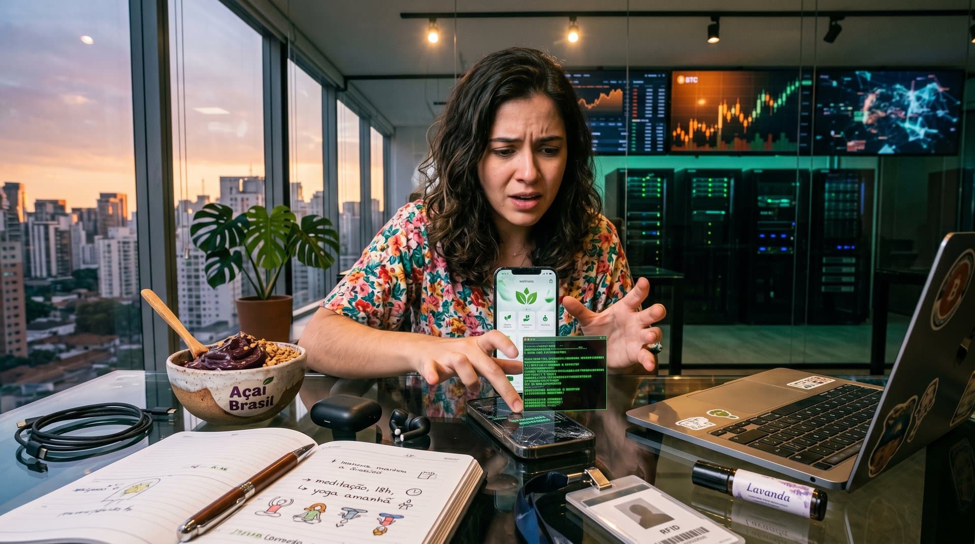 Smartphone com app wellness rachado e gráficos BTC em fundo de IA segura