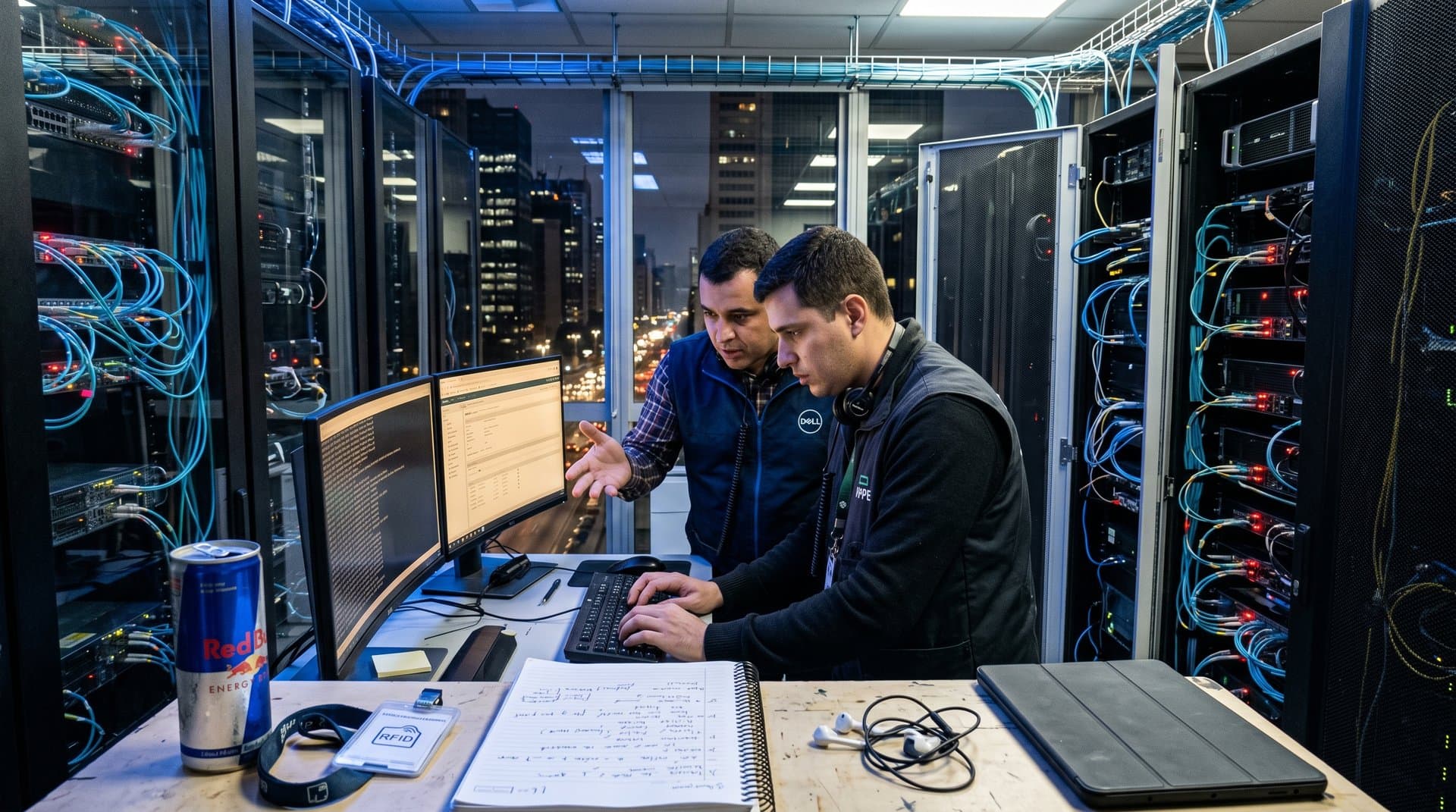 Data center high-tech com racks de servidores em crise de Linux 7.0 crash, monitores mostrando erros PostgreSQL em ambiente premium sem rostos