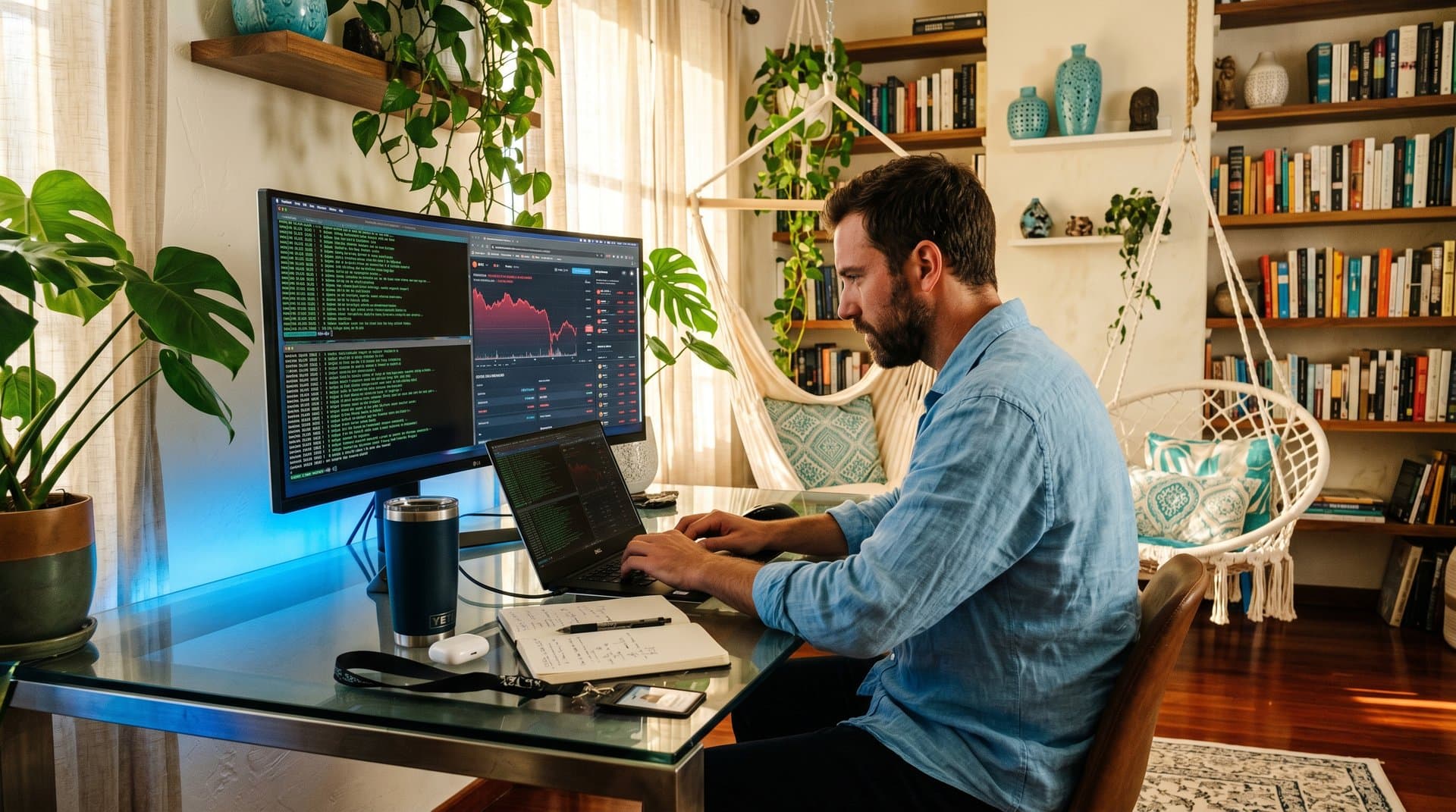 Home office Tulum-style com laptop Arch Linux, terminal PostgreSQL e dashboard crypto em setup wellness