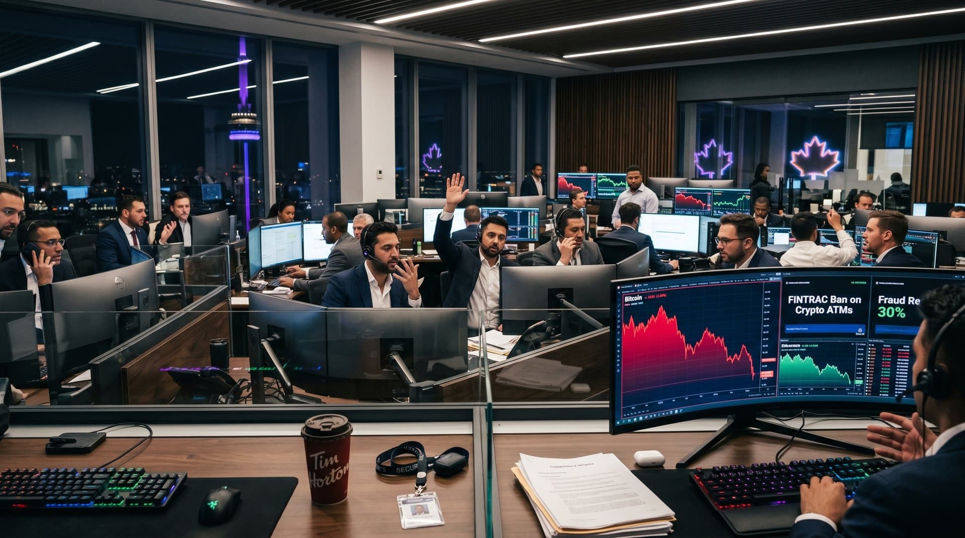 Gráficos de cripto em monitores de trading com alertas regulatórios canadenses e interfaces seguras