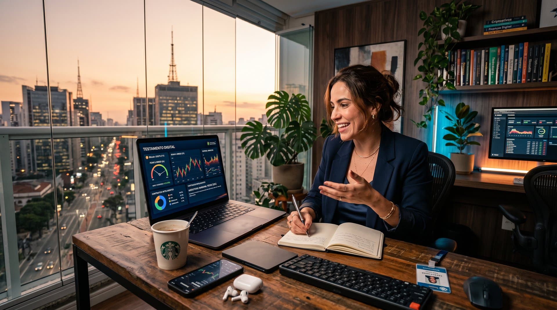 Interface IA gerando testamento com gráficos BTC US$75.916 e Fear 26 em home office brasileiro moderno