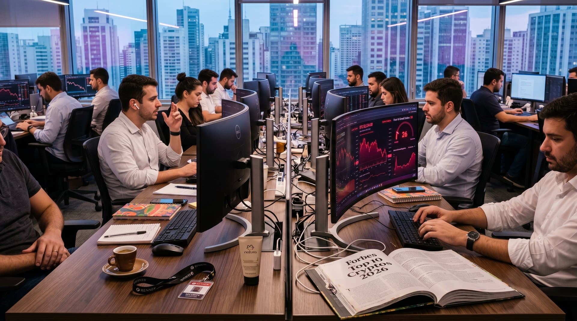 Gráficos crypto em queda com Fear & Greed 26, relatórios Forbes e elementos de moda em ambiente trading high-tech brasileiro
