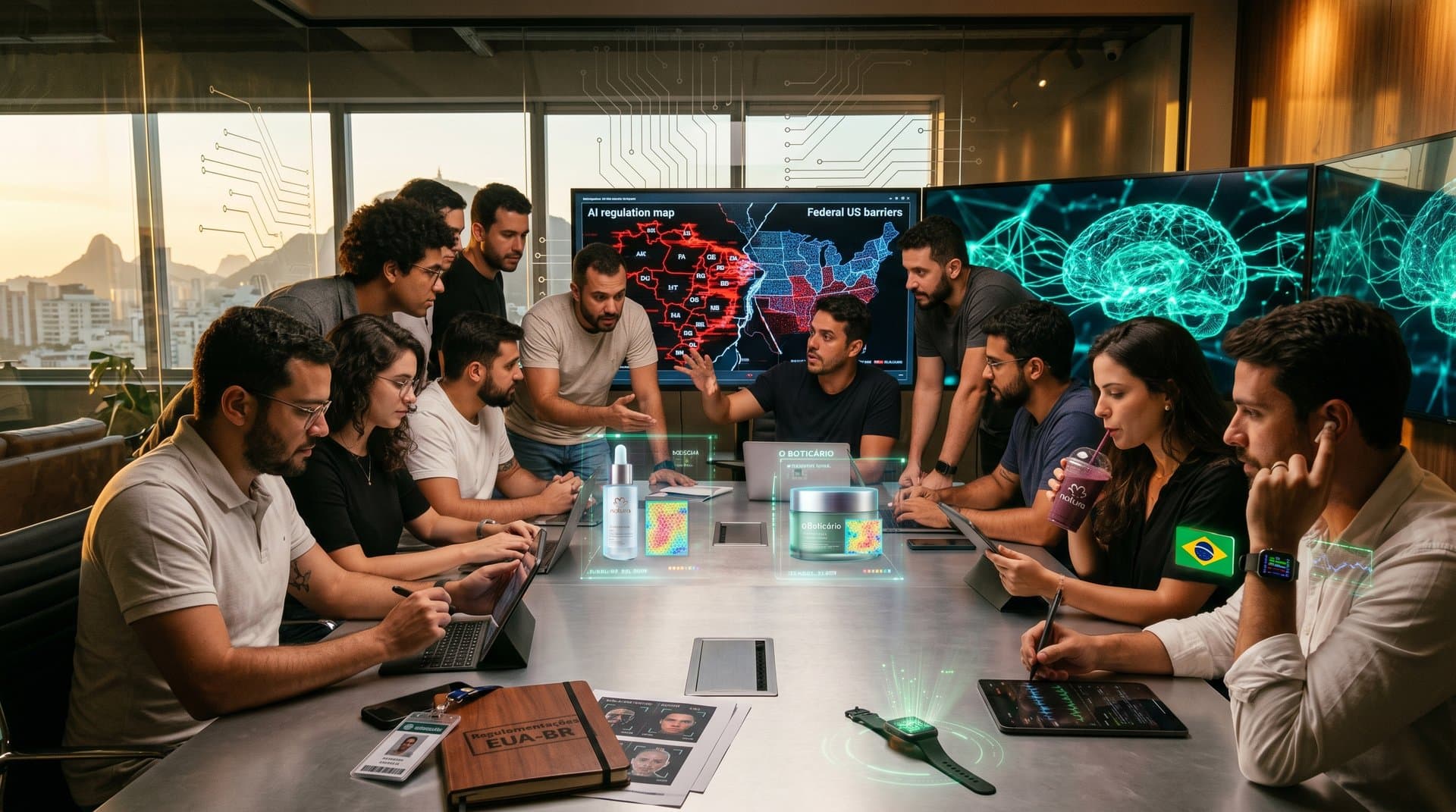 Redes neurais IA fragmentadas com ícones abstratos de beleza, skincare e elementos brasileiros em estilo cyberpunk futurista