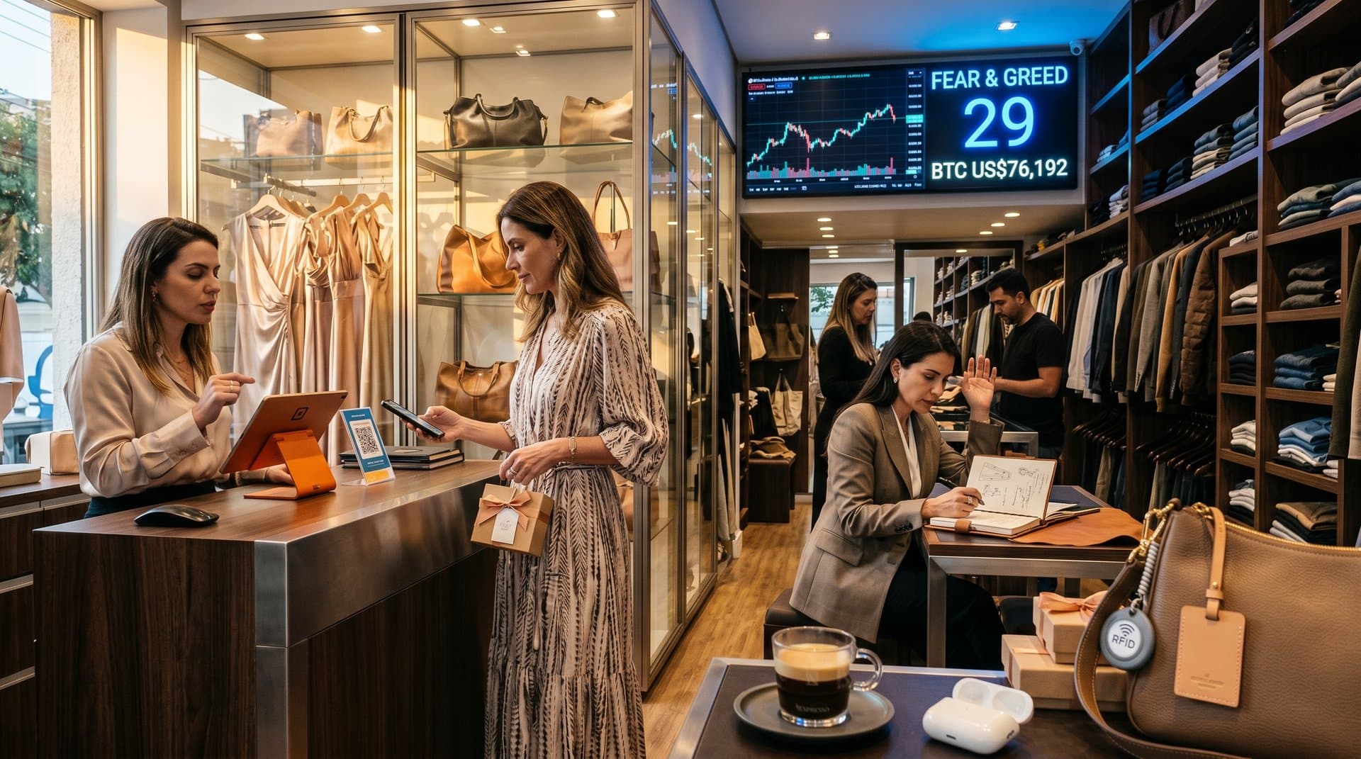 Boutique Oscar Freire São Paulo vitrines moda QR crypto gráficos BTC luz solar