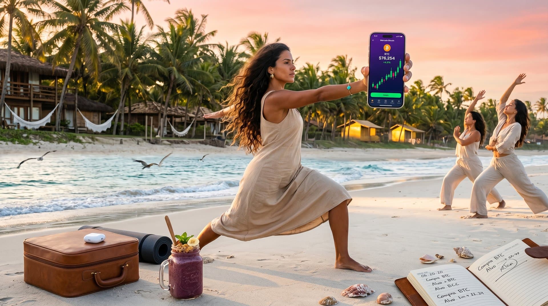 Mulher em retreat de bem-estar na praia brasileira checando preço do Bitcoin no celular