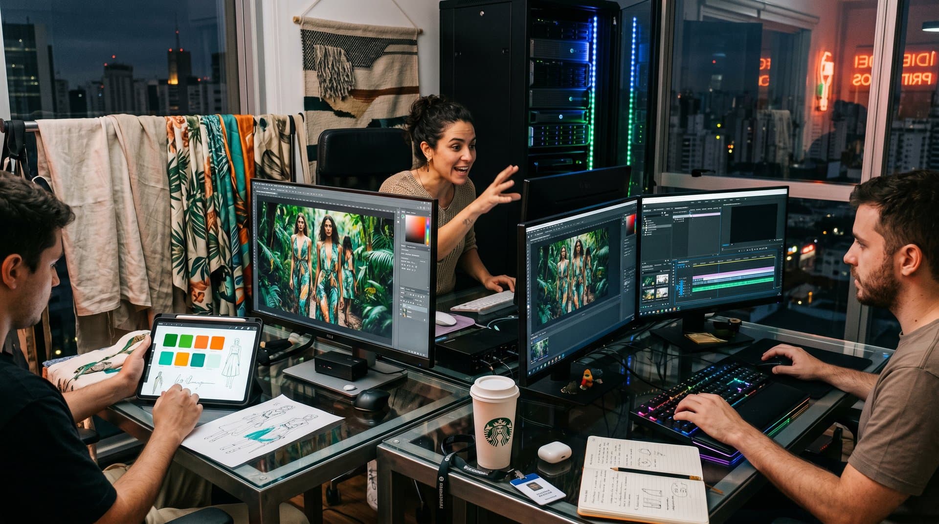 Estúdio high-tech com telas de IA gerando designs de moda feminina e elementos artesanais brasileiros