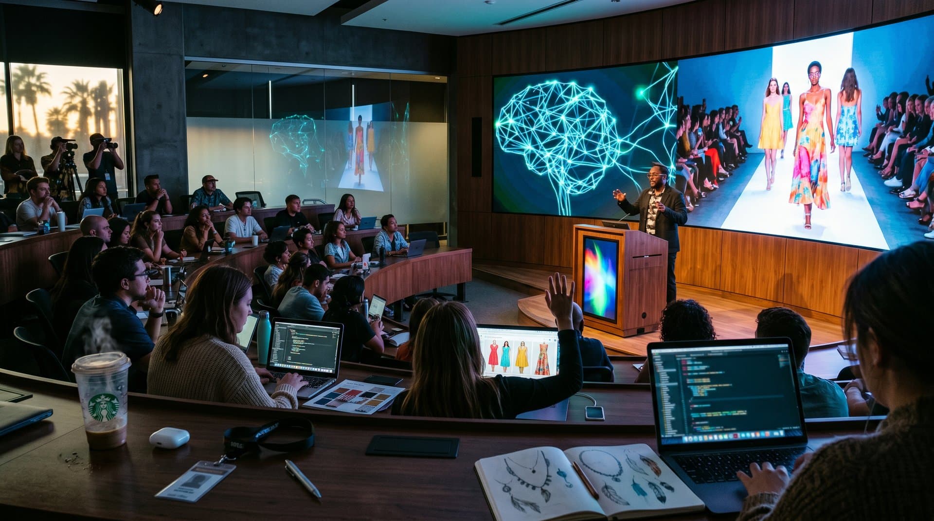 Aula de will.i.am sobre IA em Hollywood na ASU com telas de designs de moda feminina em ambiente high-tech (92 chars)