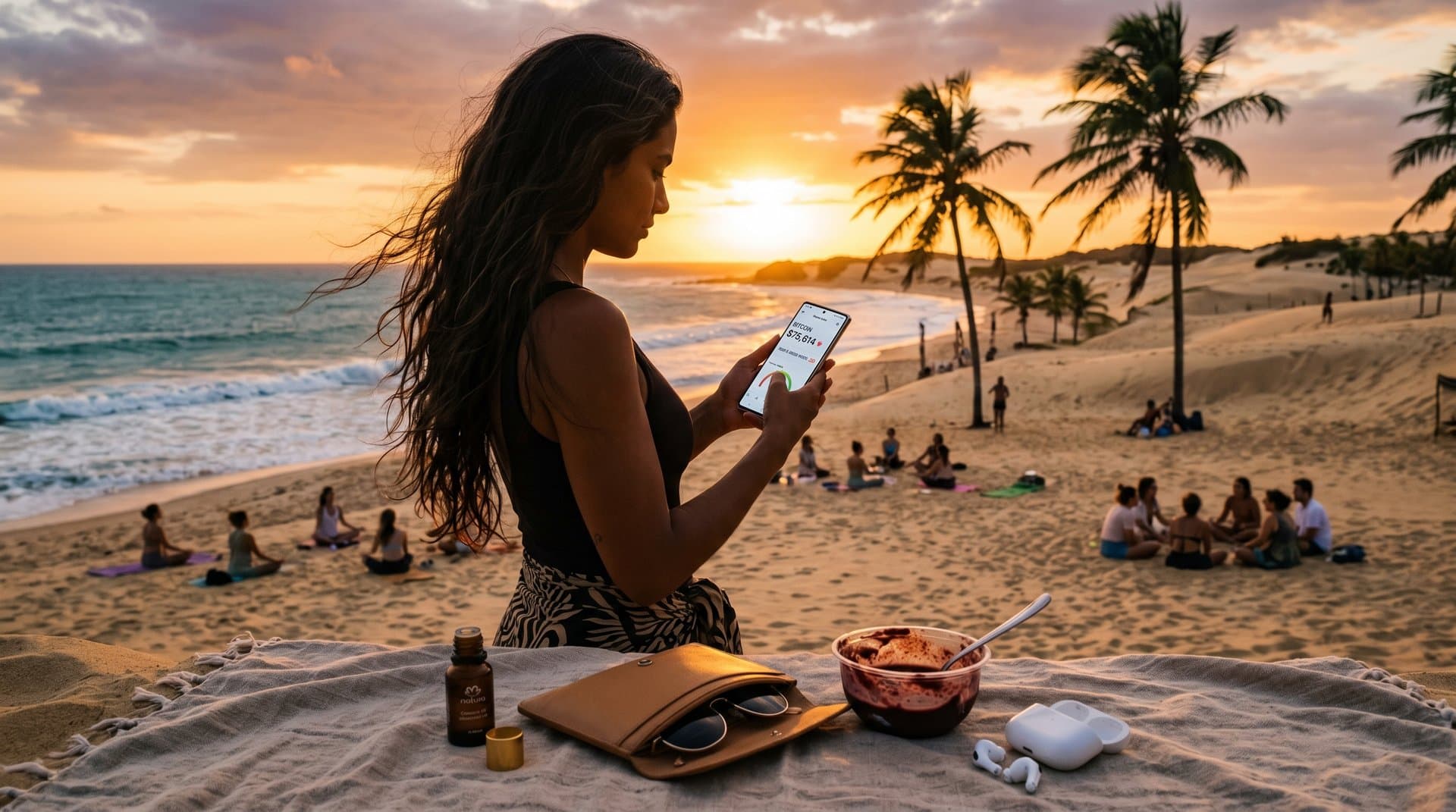 Mulher na praia de Jericoacoara checa preço do Bitcoin US$75.614 no celular, com gráfico de queda 2,1% e vibe self-care.