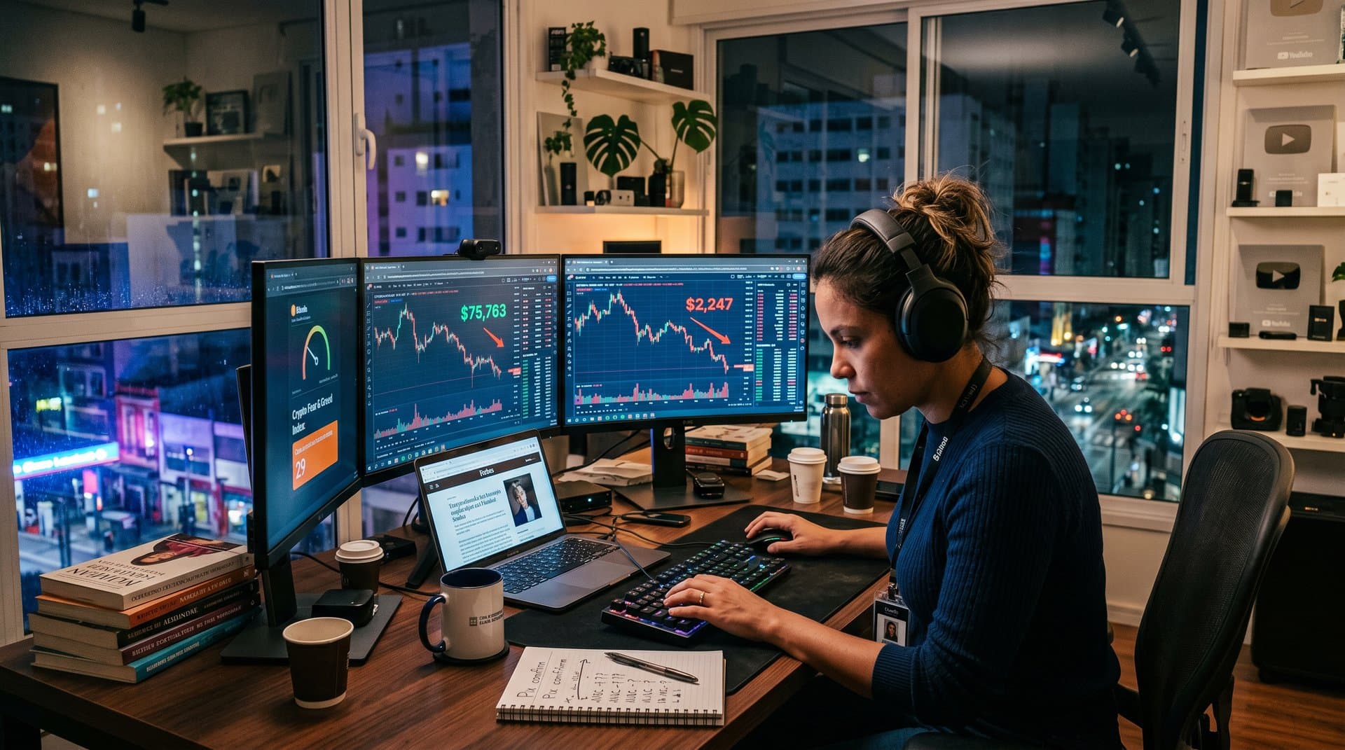 Gráficos de top 10 criptomoedas 2026 em monitores de trading com skyline de SP ao fundo