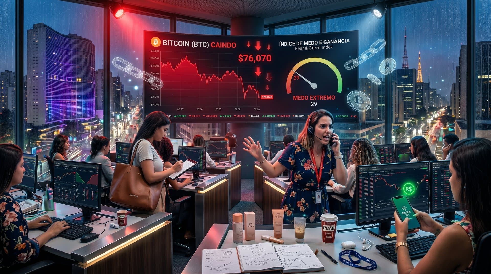 Gráficos de queda do Bitcoin a US$ 76.070 com Fear & Greed 29 e elementos de moda brasileira