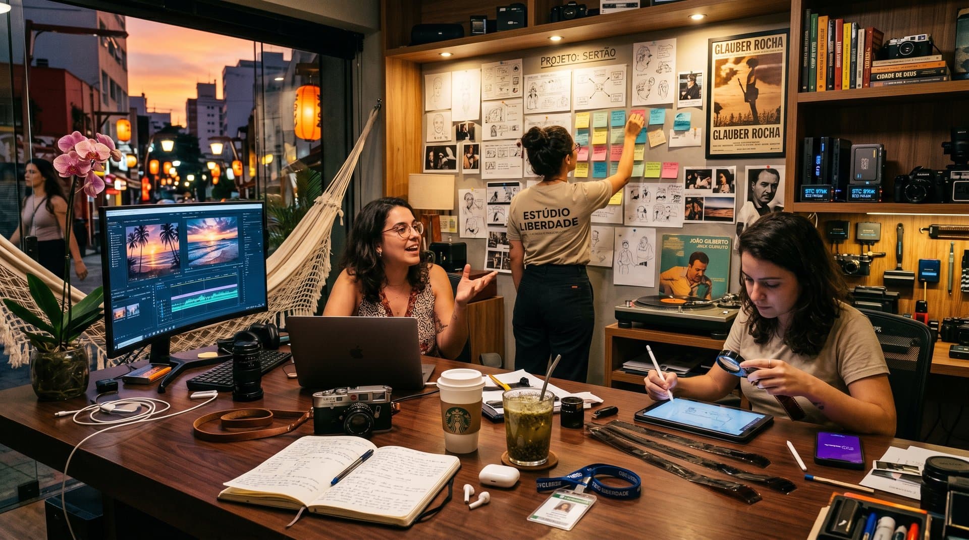 Estúdio high-tech com edição híbrida AI-humana, ferramentas manuais e elementos brasileiros em mesa de trabalho criativa