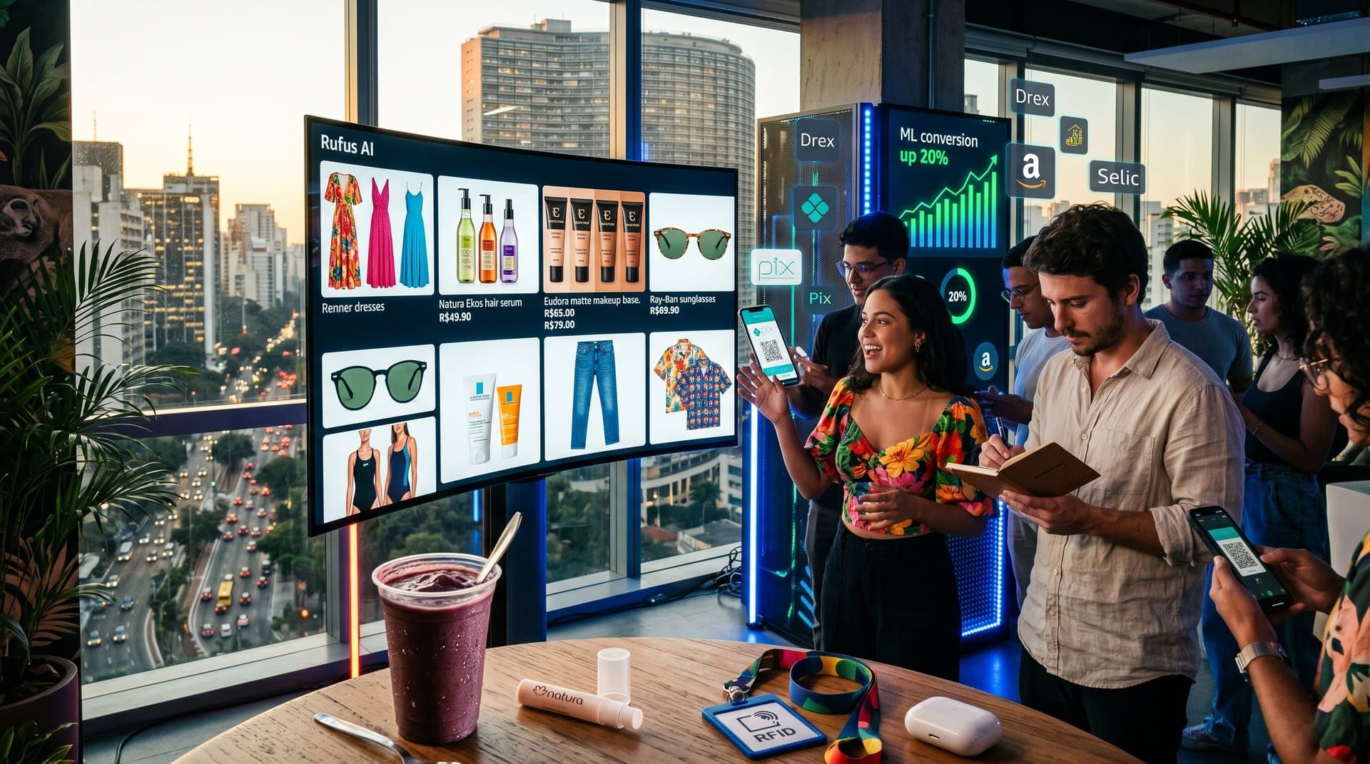 Interface IA Amazon Rufus com recomendações de moda e beleza, servidores AWS e skyline São Paulo