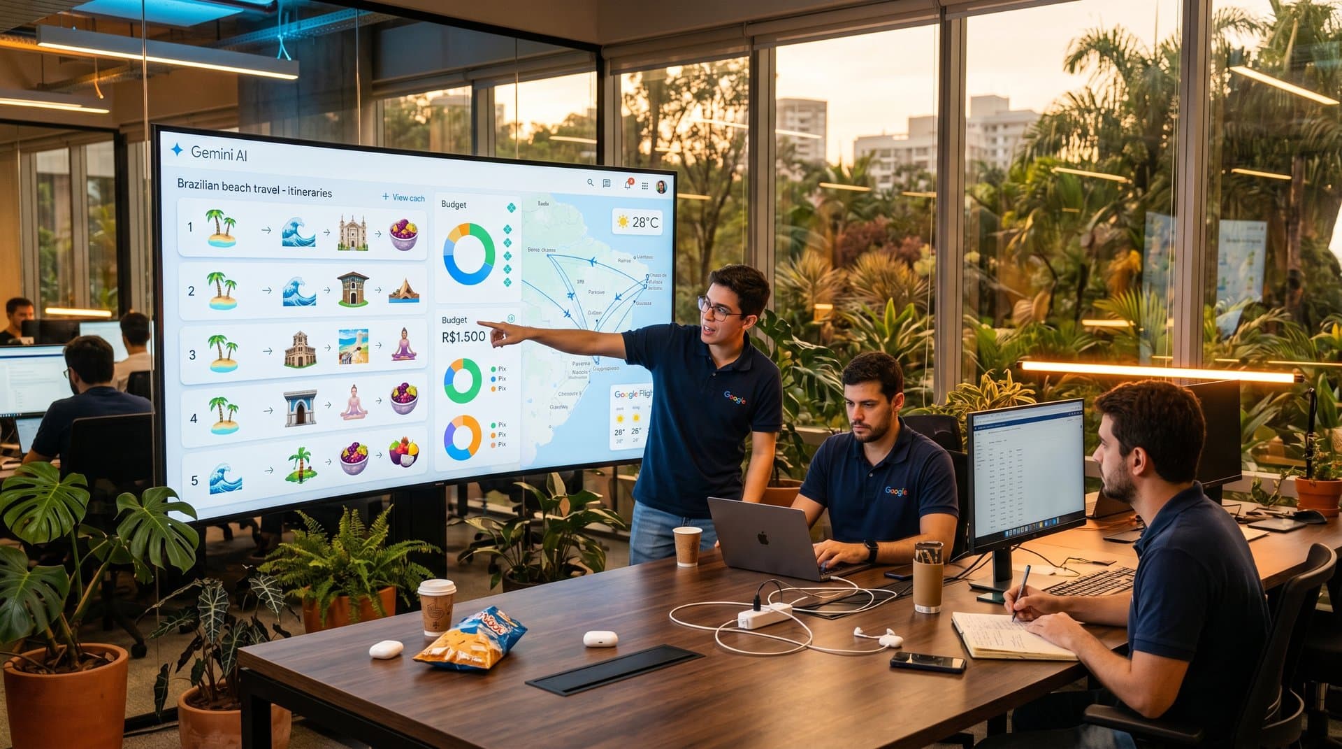 Interface Gemini AI com roteiros de viagem wellness para Brasil, mapas e orçamentos em tela high-tech