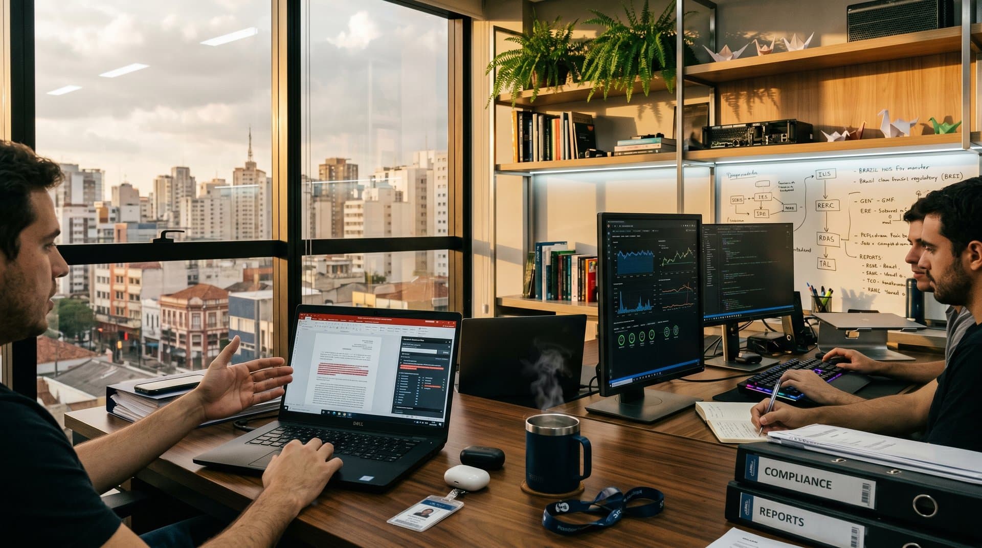 Escritório moderno com PwC AI AWS contratos analisando documentos no laptop, gráficos crypto BTC ETH e elementos fintech brasileiros