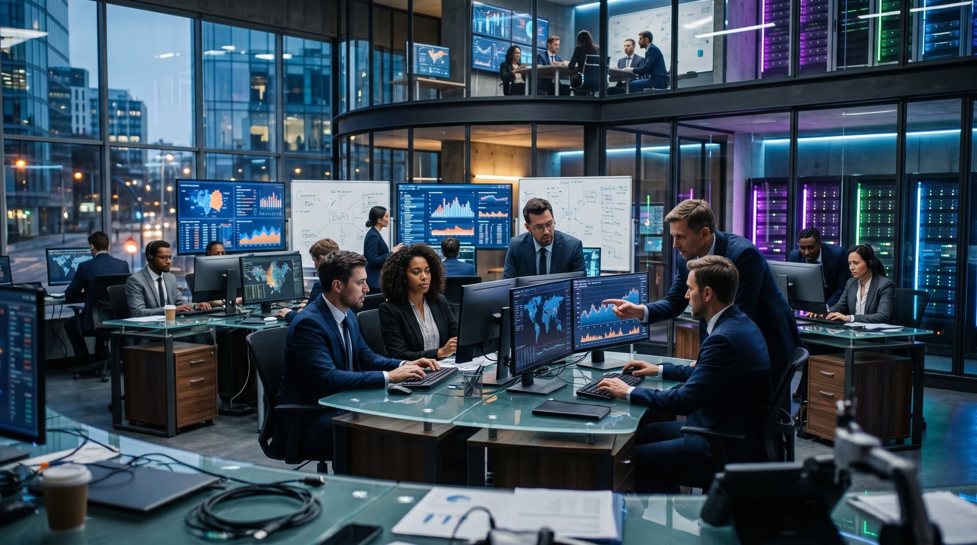 Visualizações de IA e dashboards de dados em ambiente high-tech de análise enterprise
