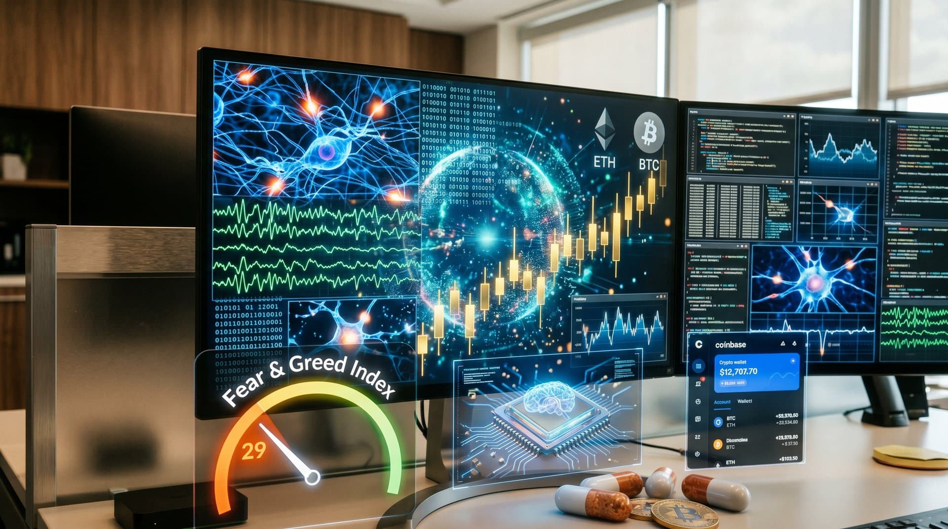 Gráficos abstratos de IA detectando padrões de TDAH e criptomoedas em tela futurista