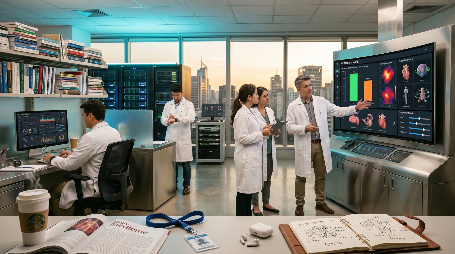 Dashboards de IA médica comparando precisão vs humanos em triagem Harvard, lab high-tech com gráficos e servidores