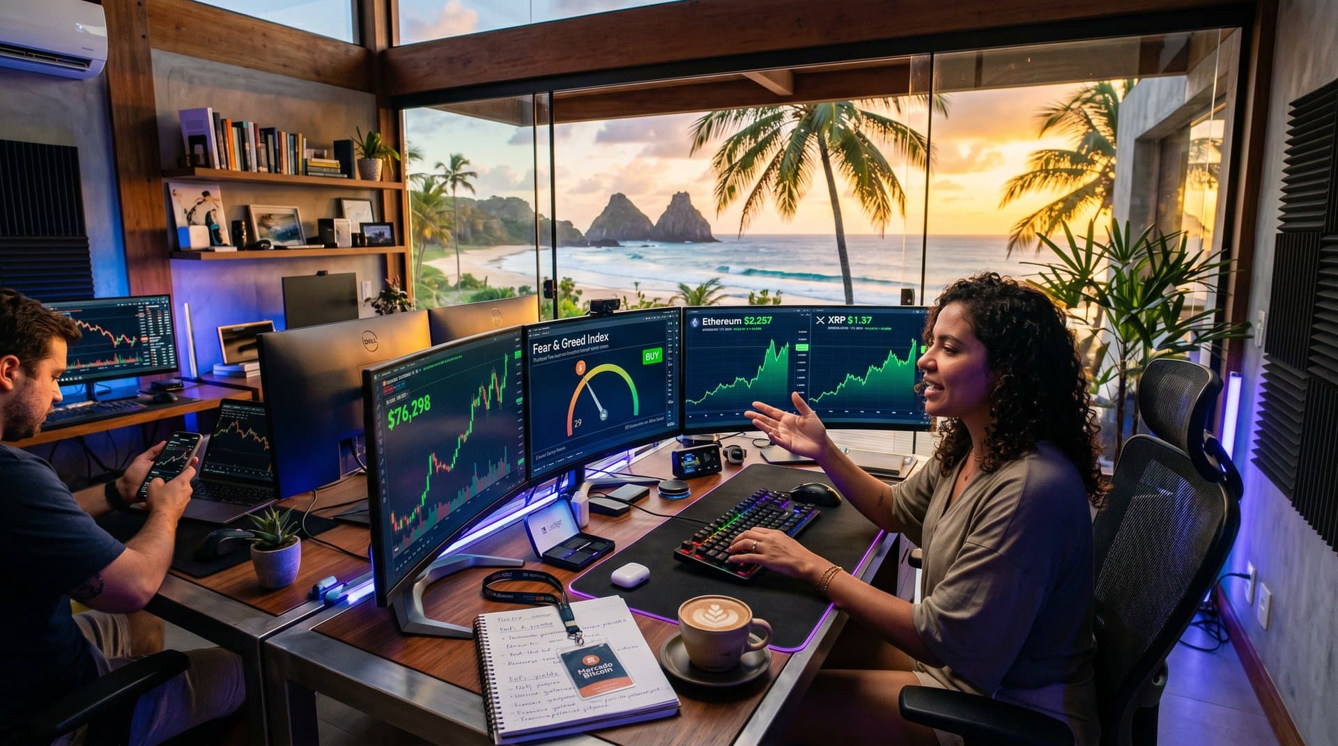 Gráficos Bitcoin US$76k com Fear & Greed 29, praias brasileiras e dashboards crypto