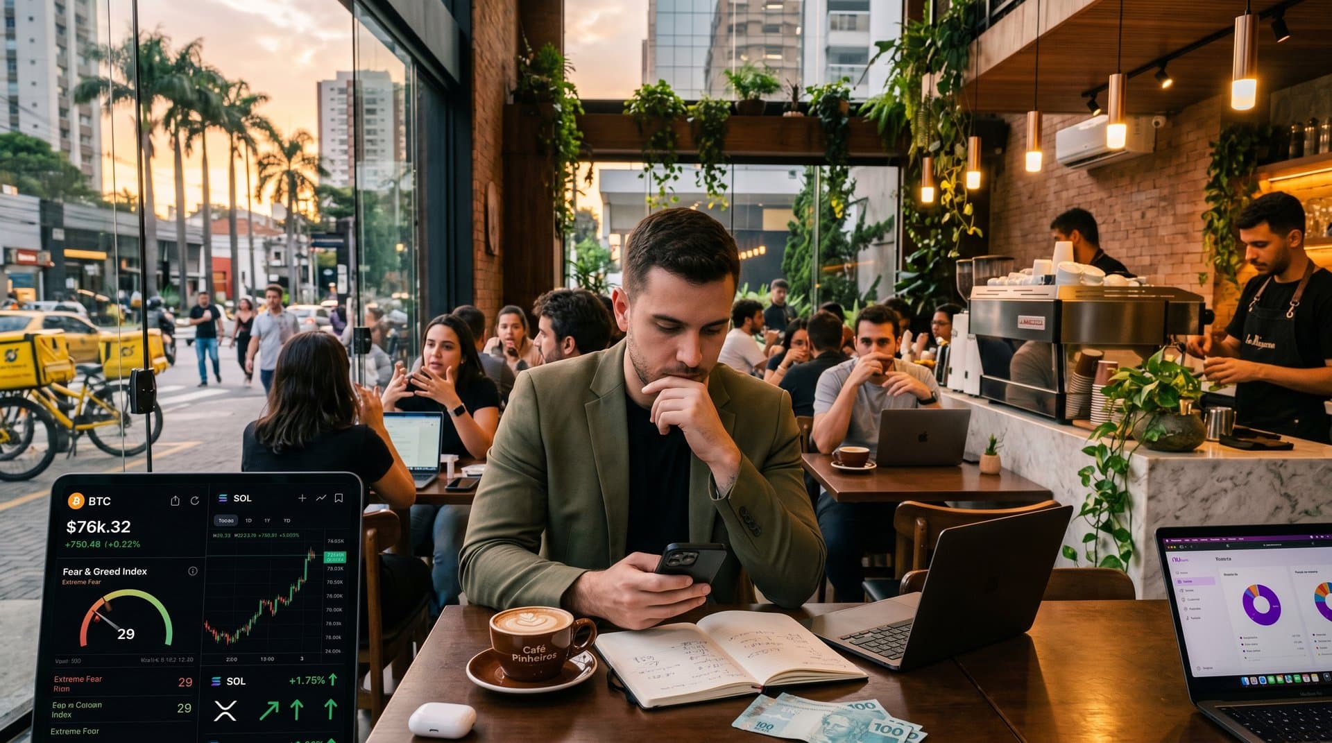 Dashboard IA em smartphone com gráficos crypto BTC US$76k e Fear & Greed 29 em café de São Paulo