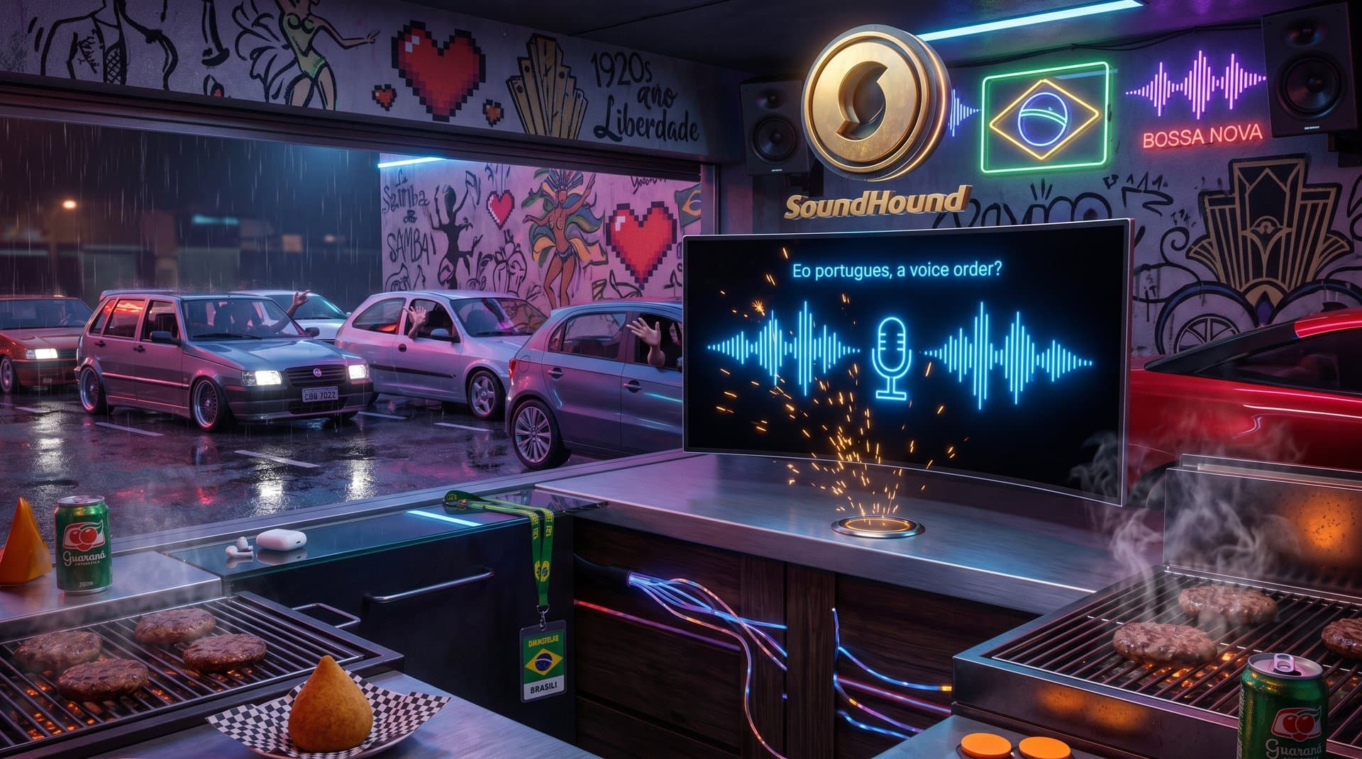 Interface de IA de voz SoundHound em drive-thru high-tech com ondas sonoras neon e toques brasileiros (72 chars)