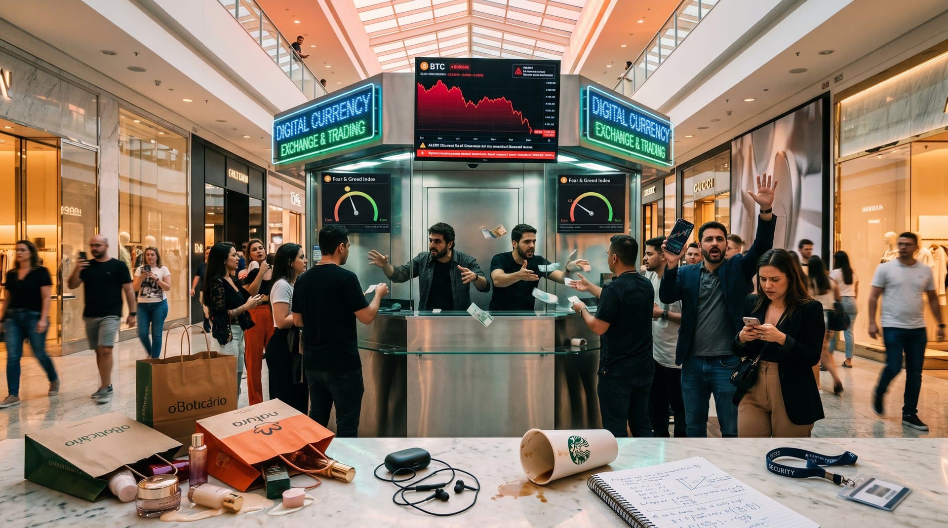 Quiosque de crypto em shopping SP com sacolas de beleza derramadas, QR falso e gráficos BTC em alerta