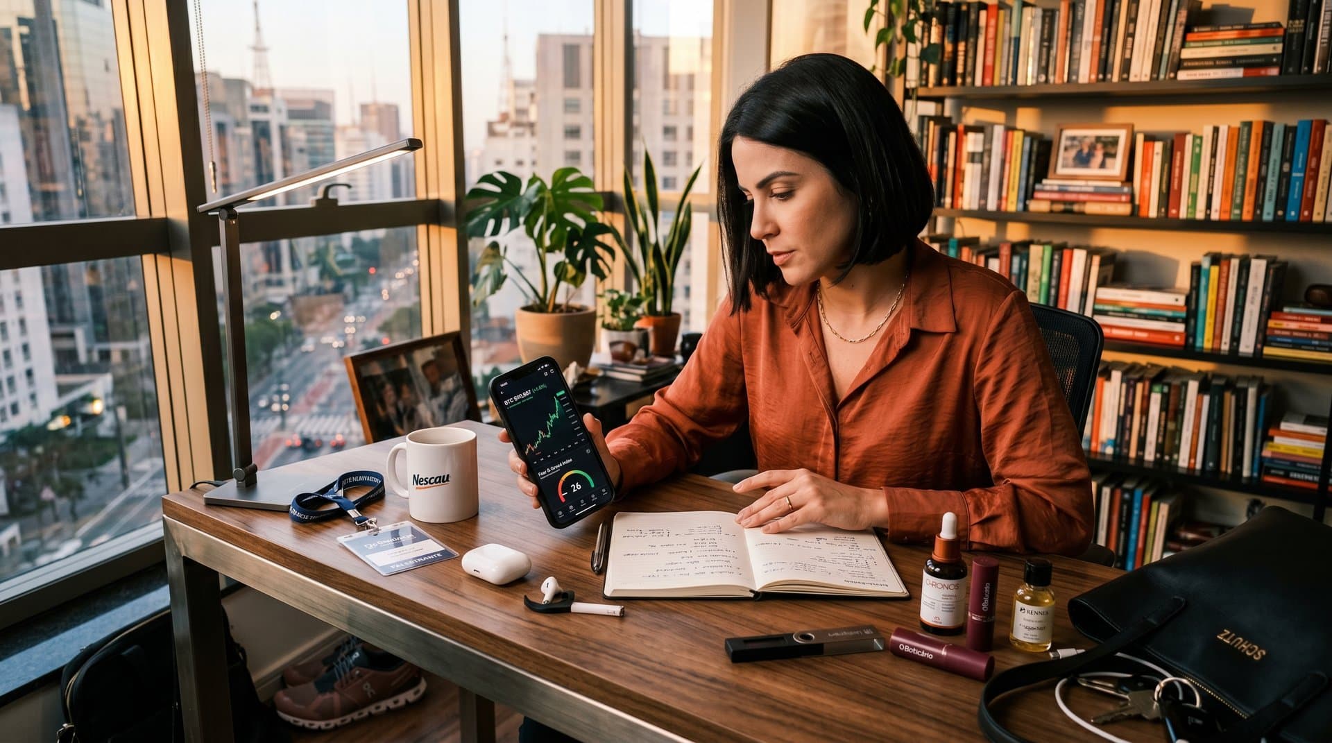 Gráfico Bitcoin em smartphone com produtos de beleza e moda brasileira em mesa elegante