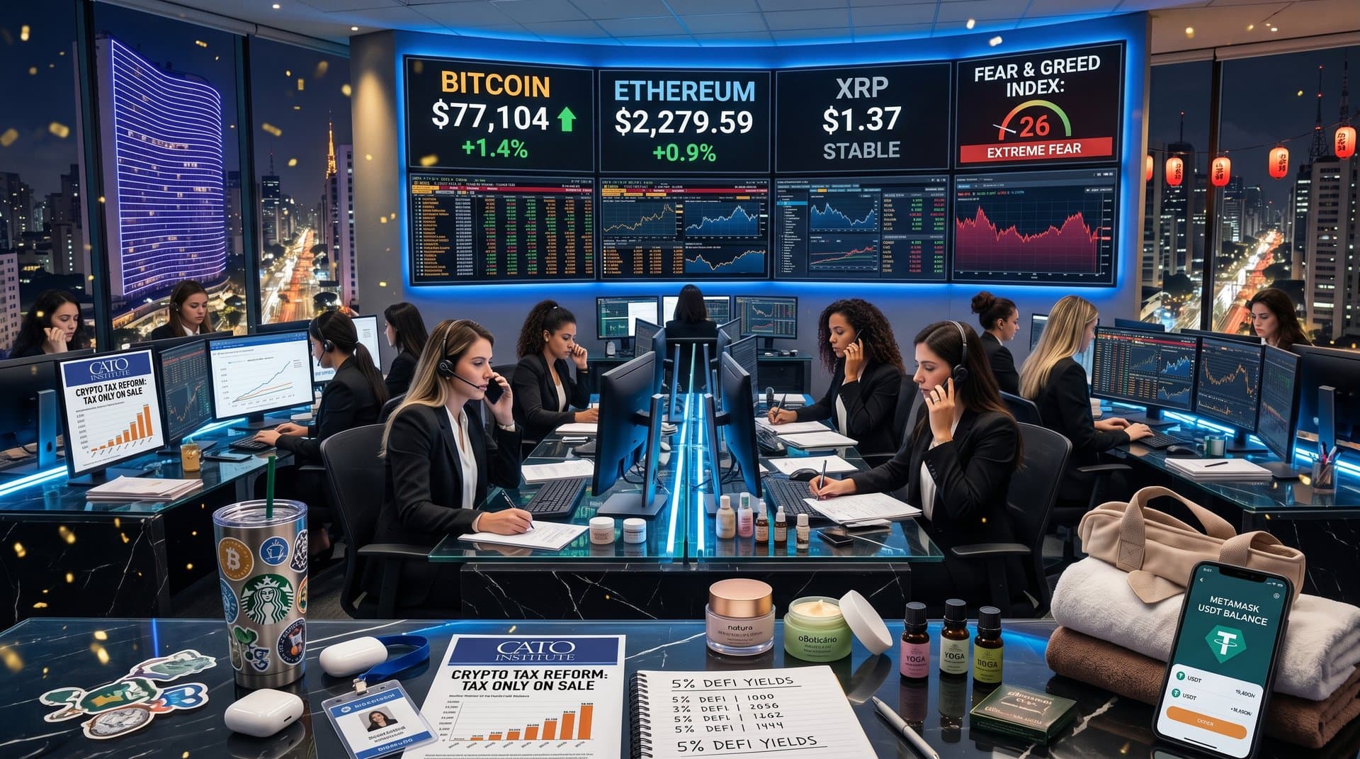 Trading floor com gráficos BTC US$ 77.104, relatórios Cato sobre impostos crypto e elementos de beleza