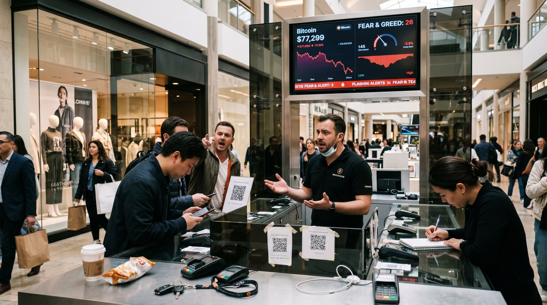 Quiosque de cripto em shopping brasileiro com alertas de golpes e gráficos BTC US$77k