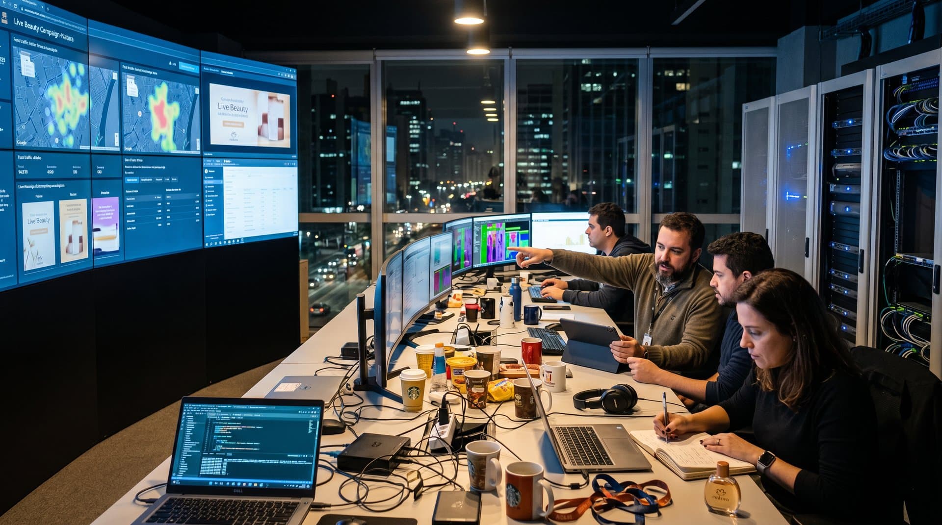 Sala de controle de OOH com IA em São Paulo: telas curvas, anúncios dinâmicos de beleza, métricas e skyline urbano