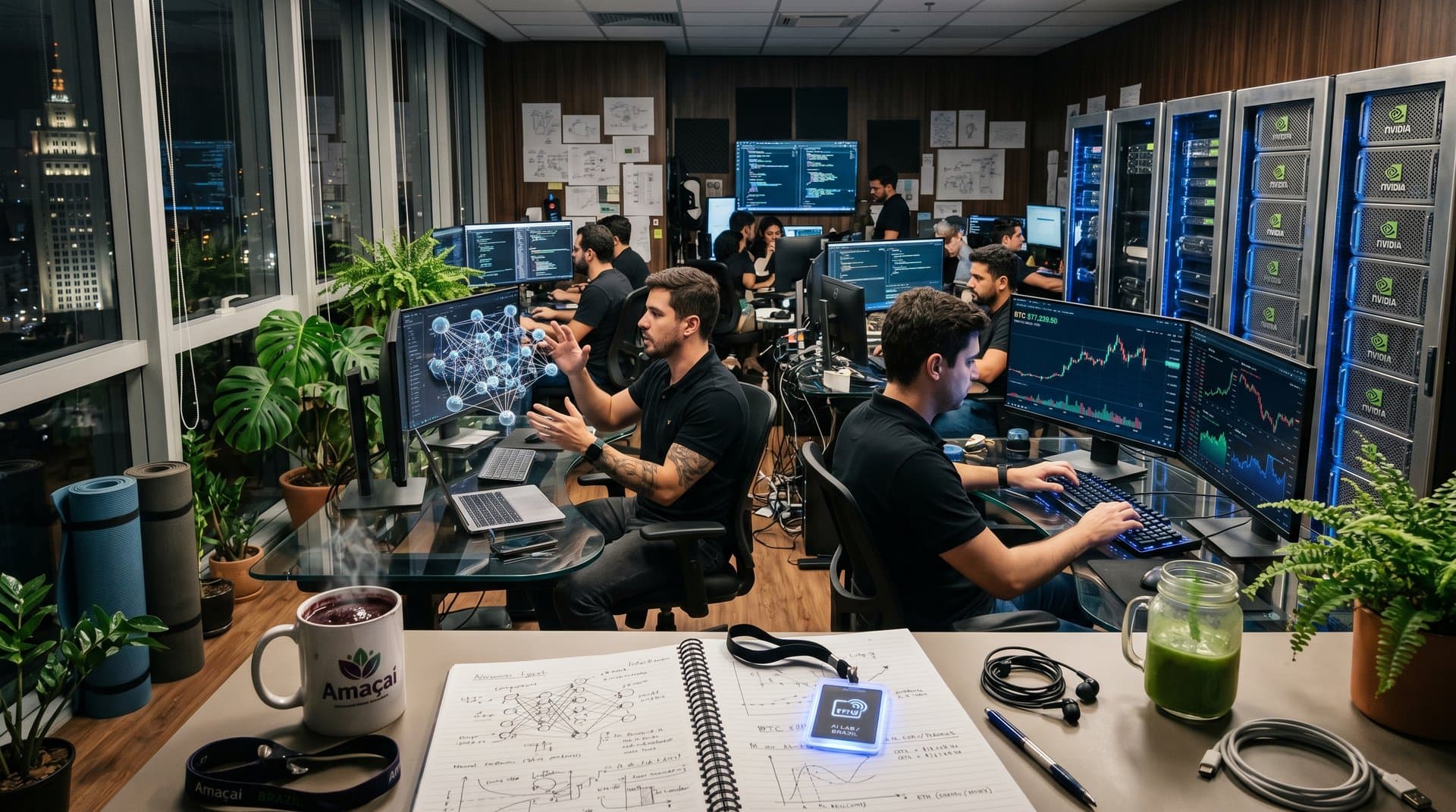 Laboratório high-tech de IA com gráficos crypto, servidores piscando e elementos de wellness, sem pessoas