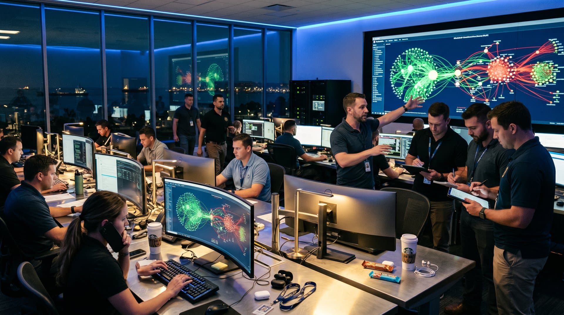 Centro cibernético FBI San Diego com monitores blockchain e vista oceânica