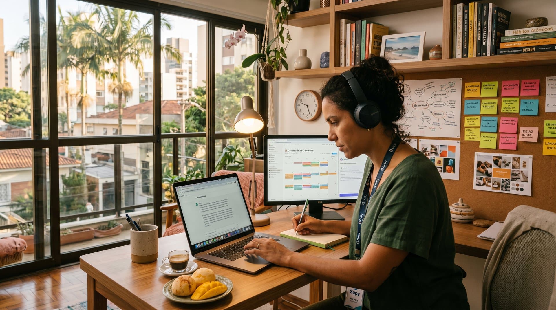 Home office brasileiro com ferramentas de IA no trabalho otimizando rotinas profissionais femininas