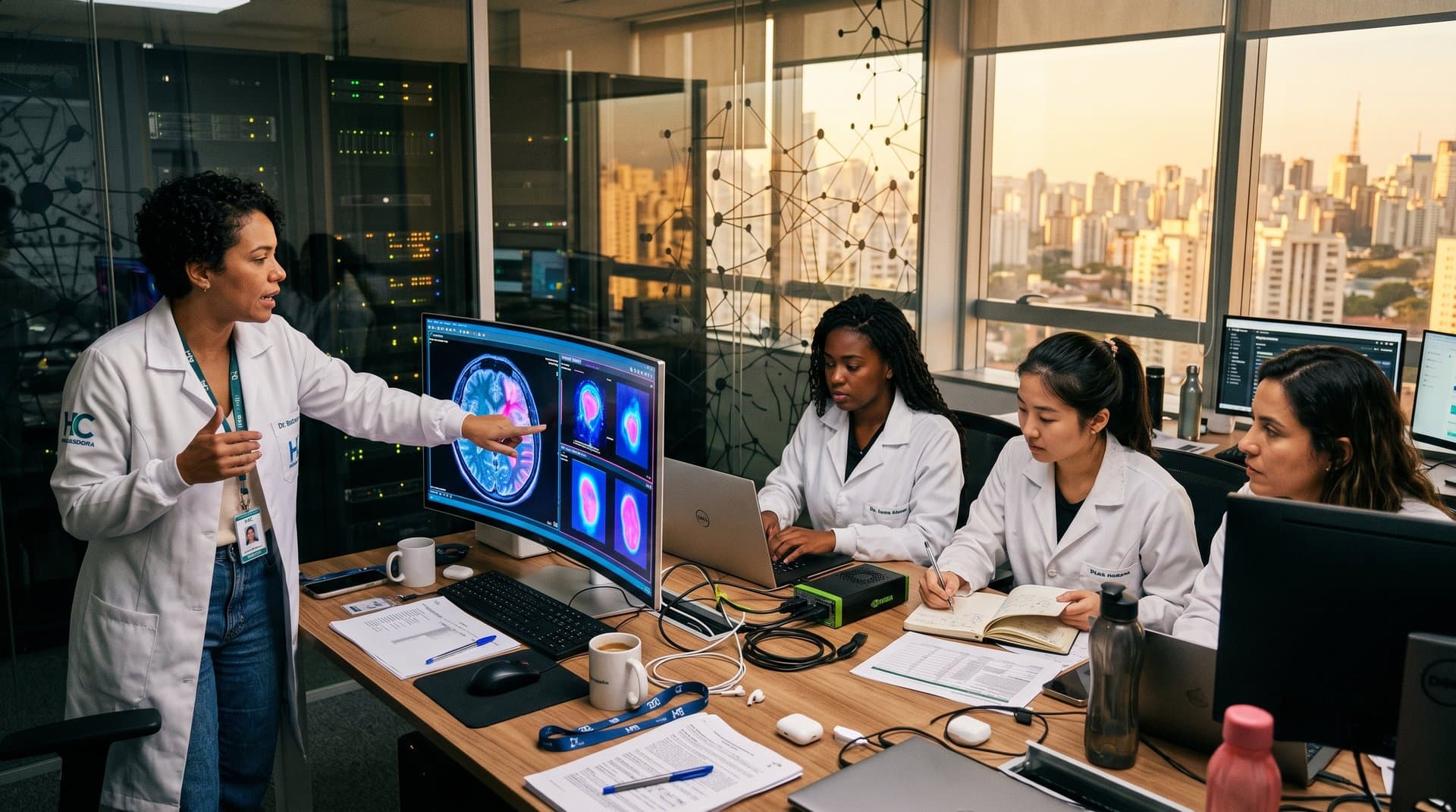 Laboratório IA saúde com scans médicos, heatmaps de diagnóstico emergência e elementos wellness tech em monitores high-tech