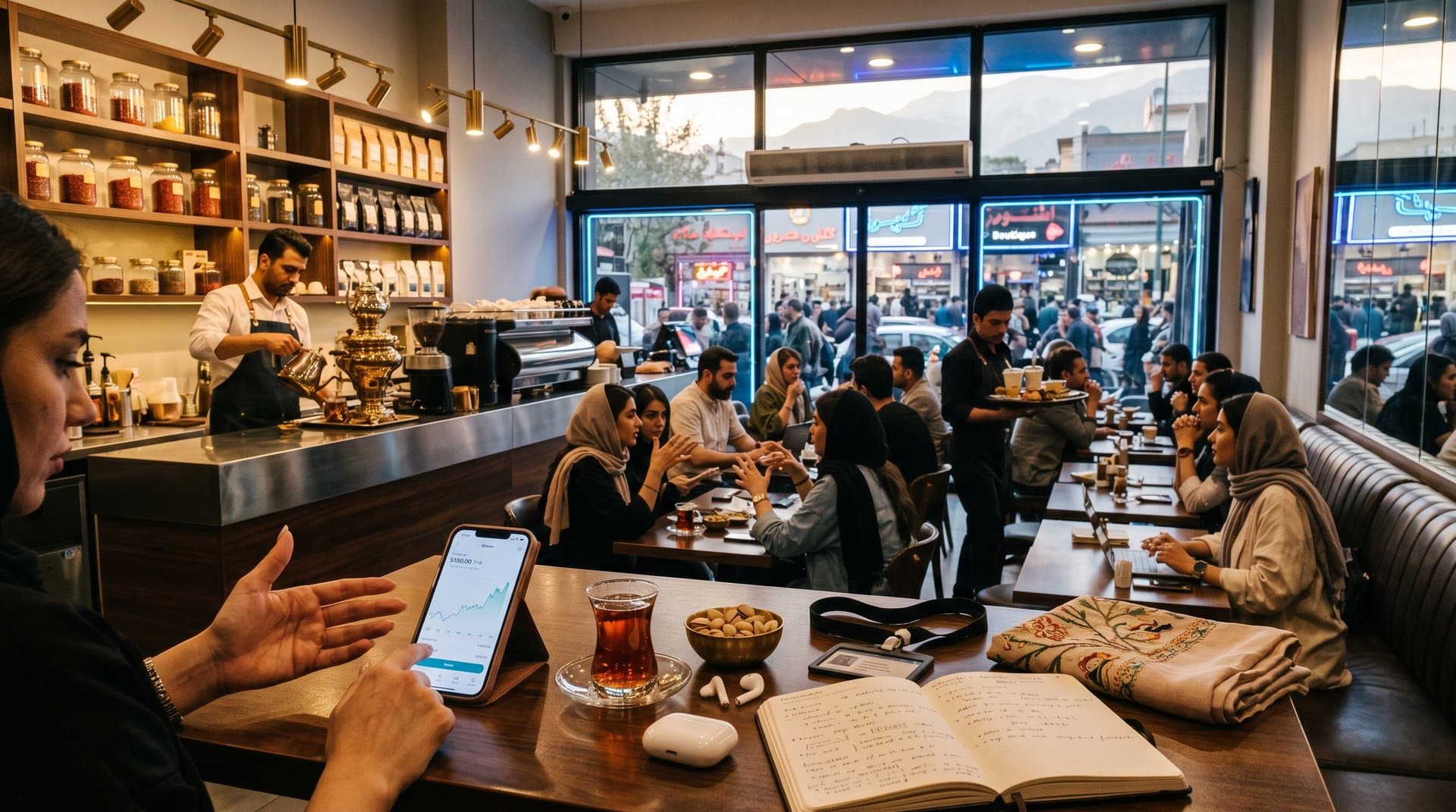 Café em Teerã com app Nobitex, hijab seda e gráfico BTC em smartphone, estilo crypto chic persa