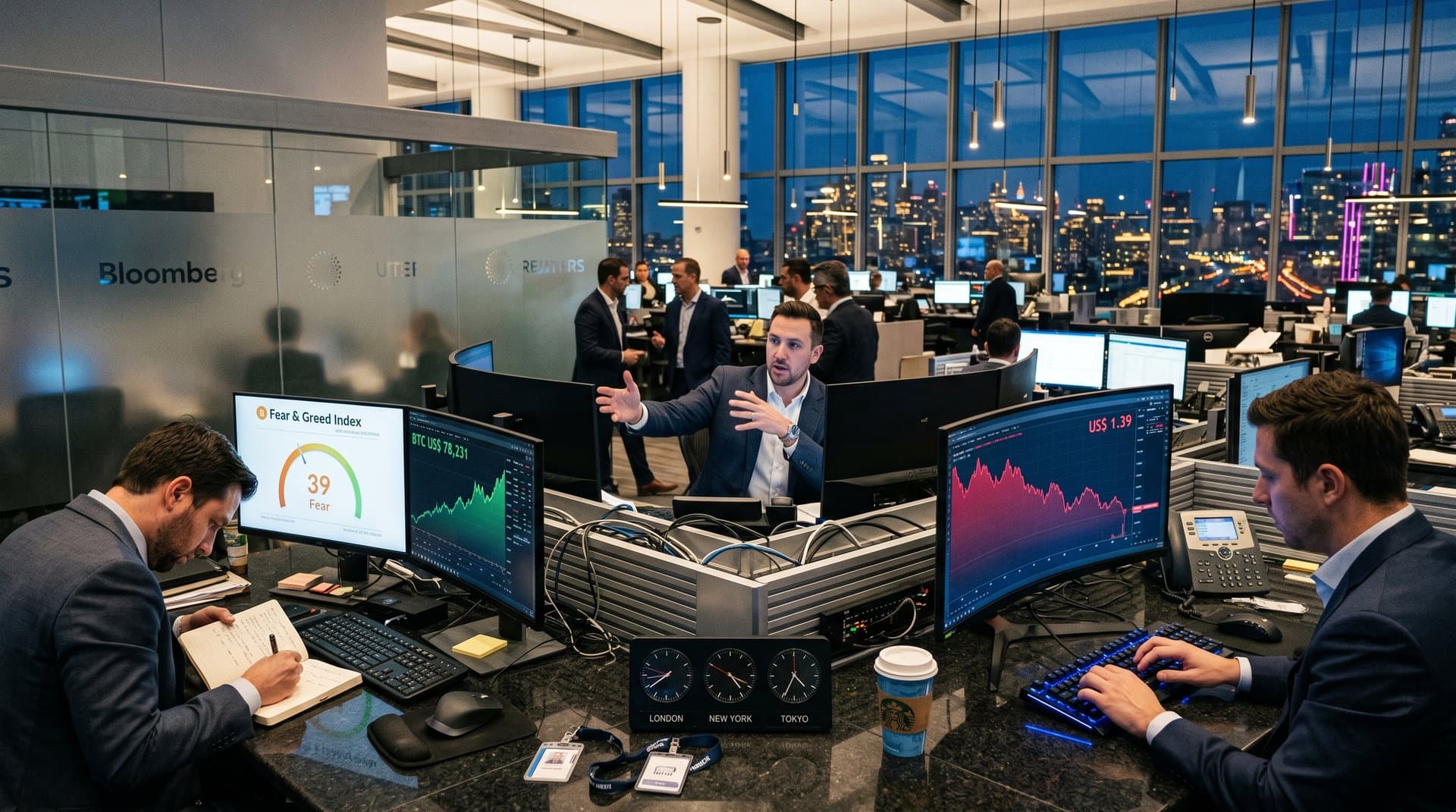 Telas de trading mostram XRP a US$ 1,39, Fear & Greed 39 e gráficos de BTC em ambiente financeiro high-tech