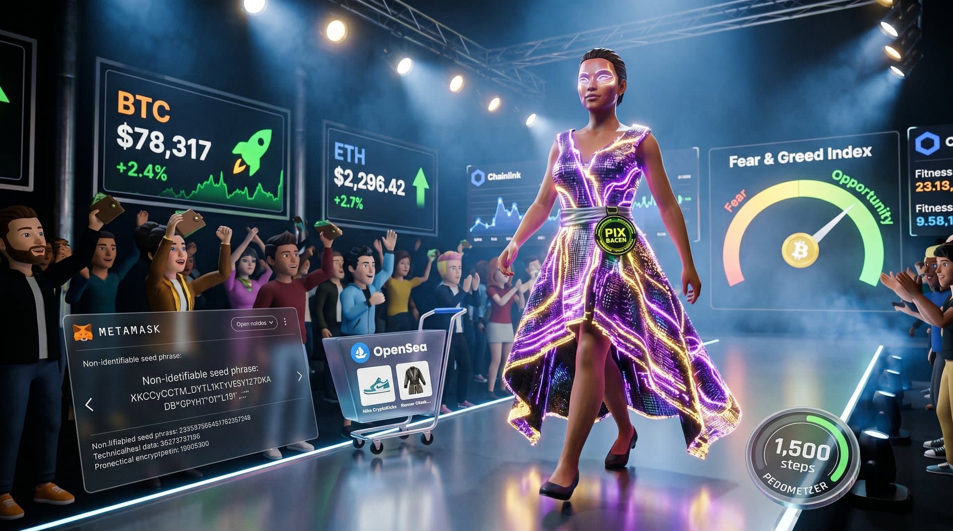 Avatar de moda NFT em metaverso com gráficos crypto BTC e ETH, elementos blockchain e PIX