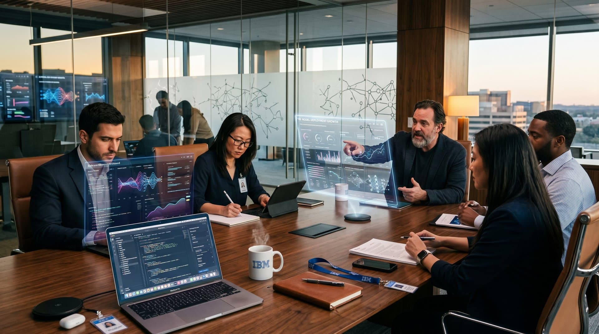 Sala executiva abstrata de IA com dashboards, hologramas e elementos tech premium da IBM