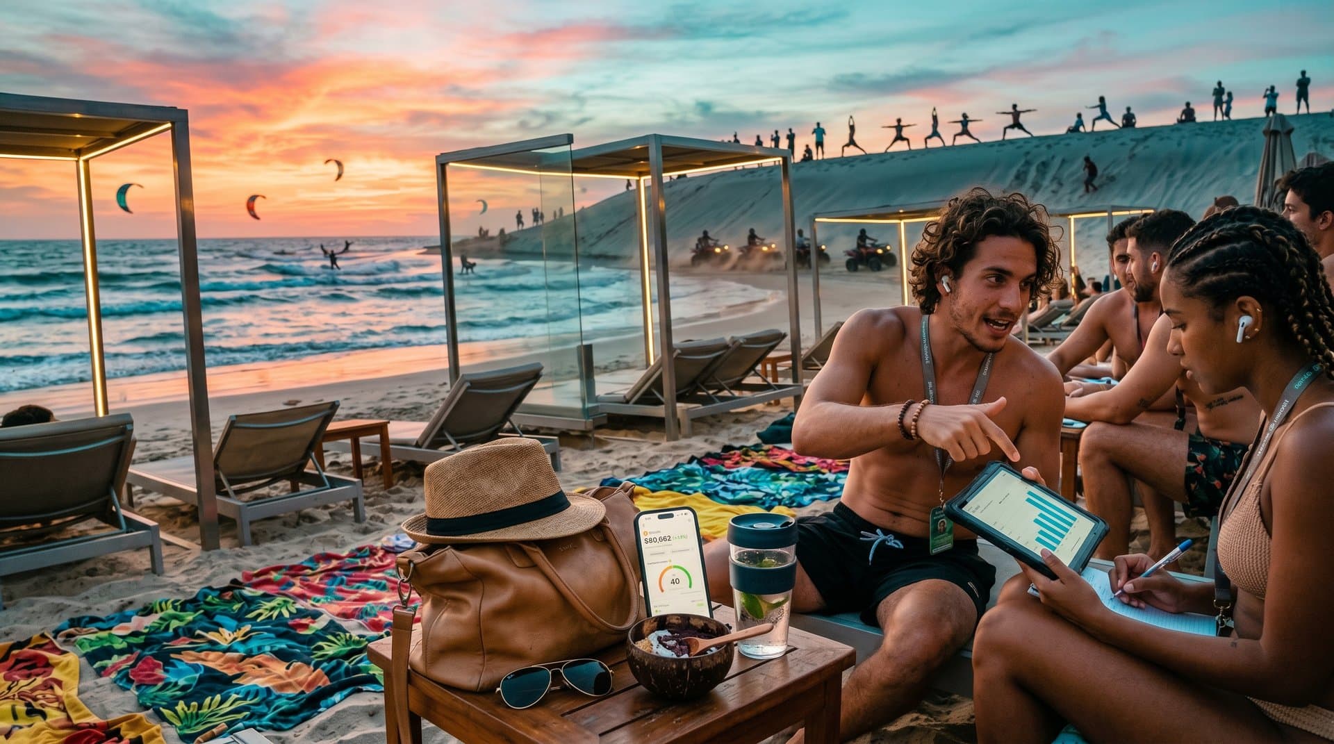 Praia brasileira com smartphone mostrando preço Bitcoin US$ 80.062 e Fear & Greed 40, itens wellness e moda timeless