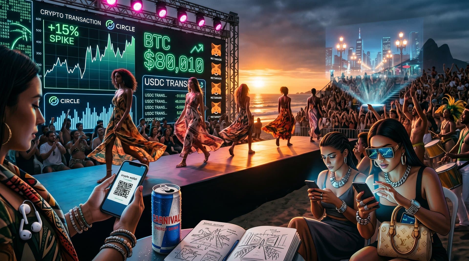 Passarela moda carnaval com overlays USDC, Circle stock +15%, BTC US$80k e Fear & Greed 40 em São Paulo crypto fashion