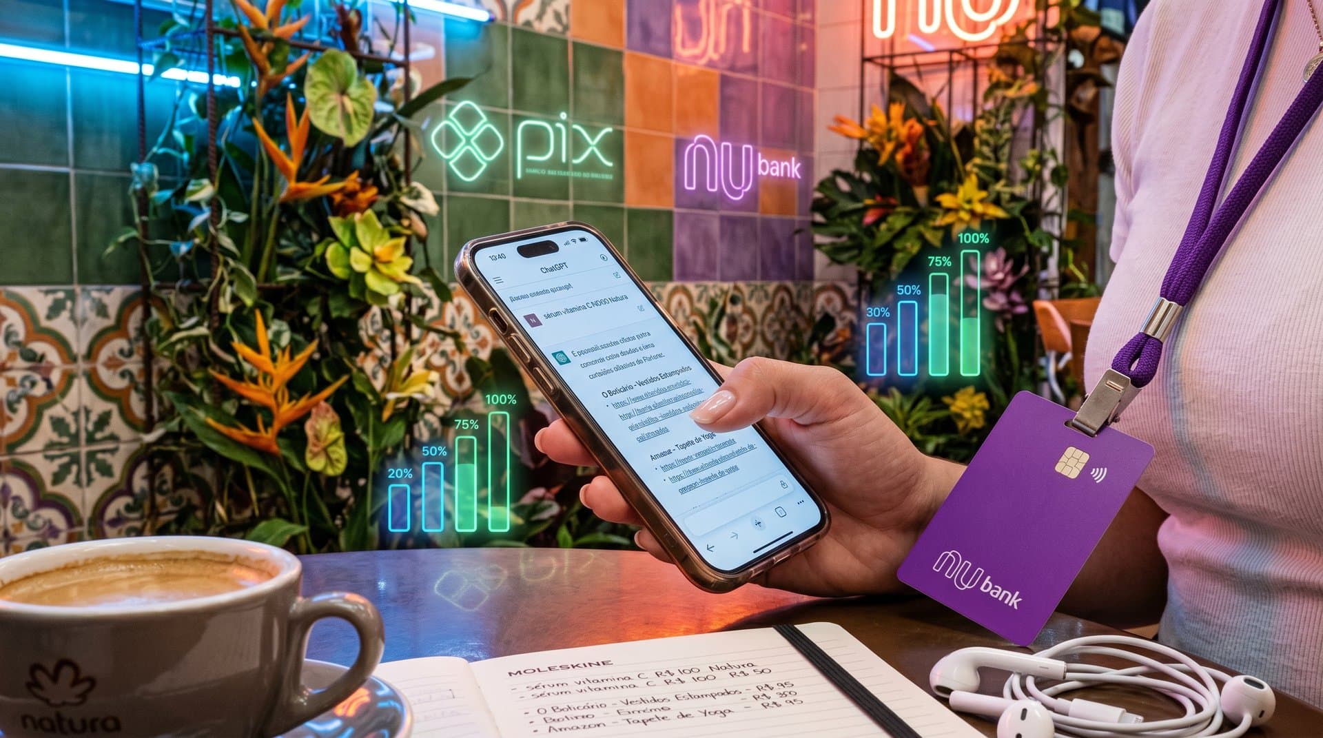 Interface de IA no celular mostrando buscas de produtos de moda e wellness com links diretos, elementos brasileiros tropicais e fintech